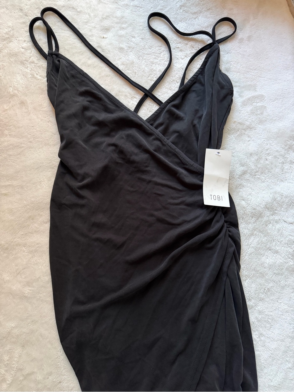 Tobi Black Criss Cross Straps Ruched Wrap Mini Dress